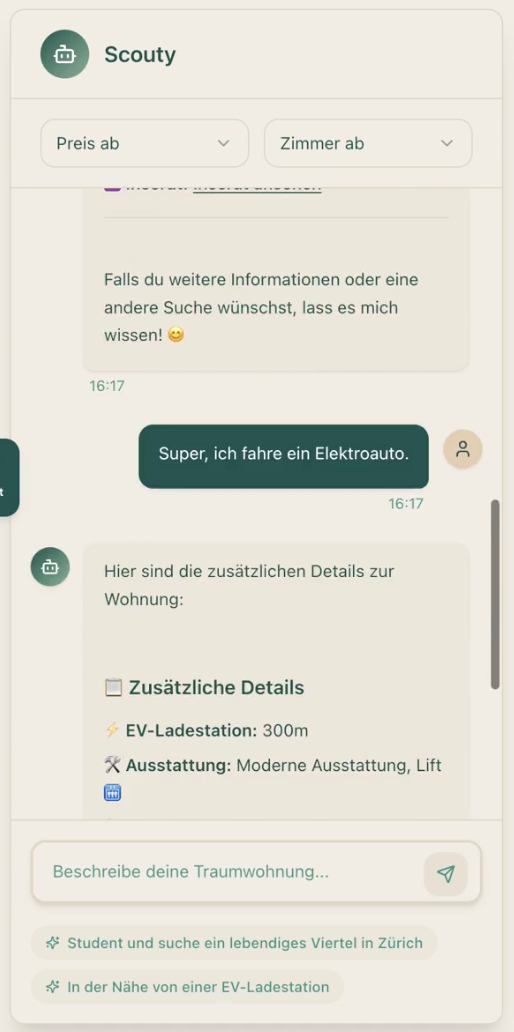 KI-Wohnungssuche Beispiel - Intelligente Details und Distanzen
